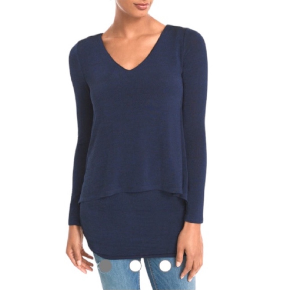 White House Black Market Navy V-Neck Layered Long-Sleeve Top